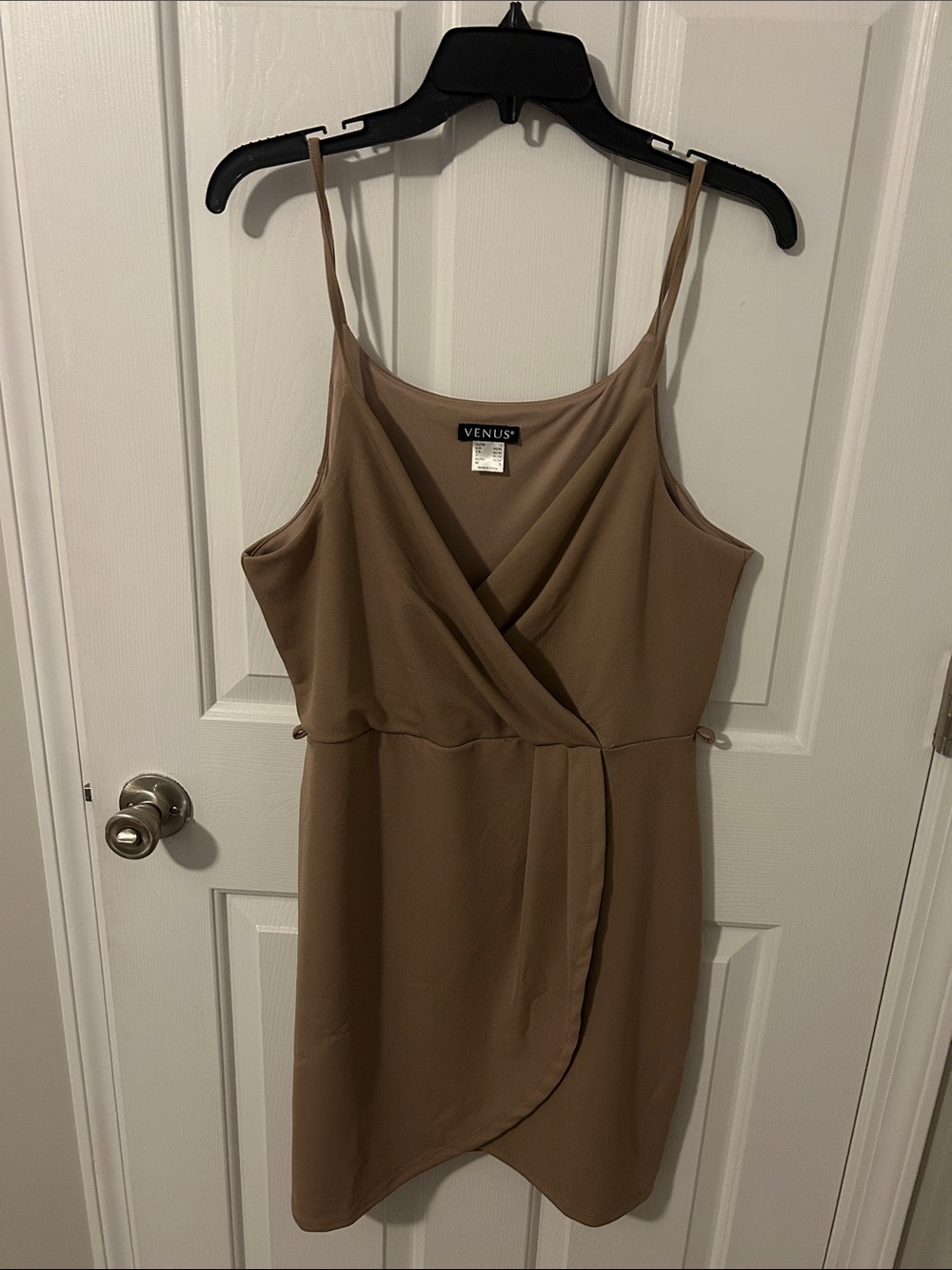 VENUS Taupe Wrap Mini Dress with Spaghetti Straps